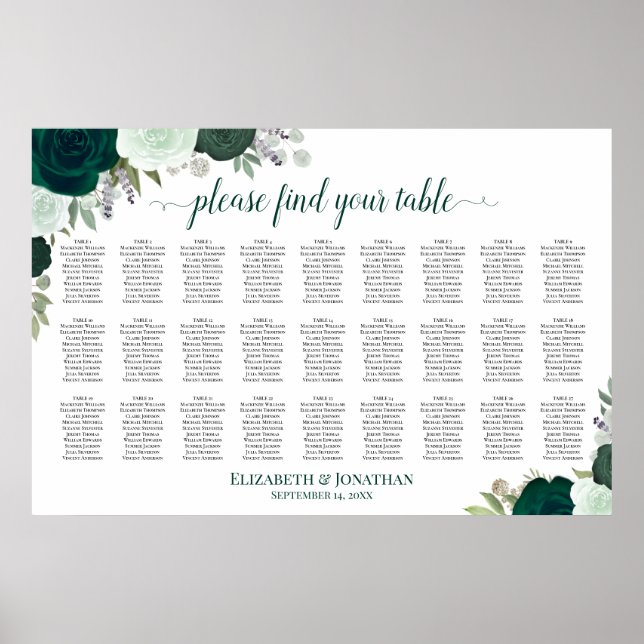 27 Table Emerald Roses Chic Wedding Seating Chart (Front)