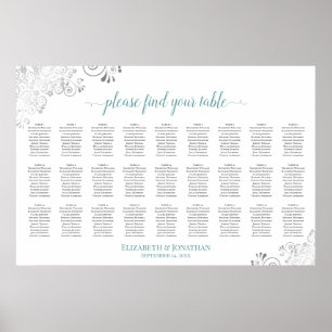 27 Table Frilly Wedding Seating Chart White & Teal