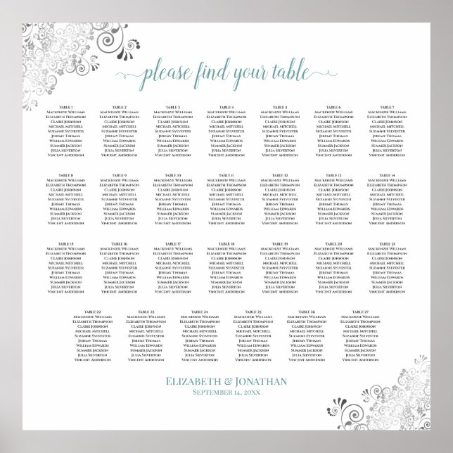 27 Table Frilly Wedding Seating Chart White & Teal (Front)