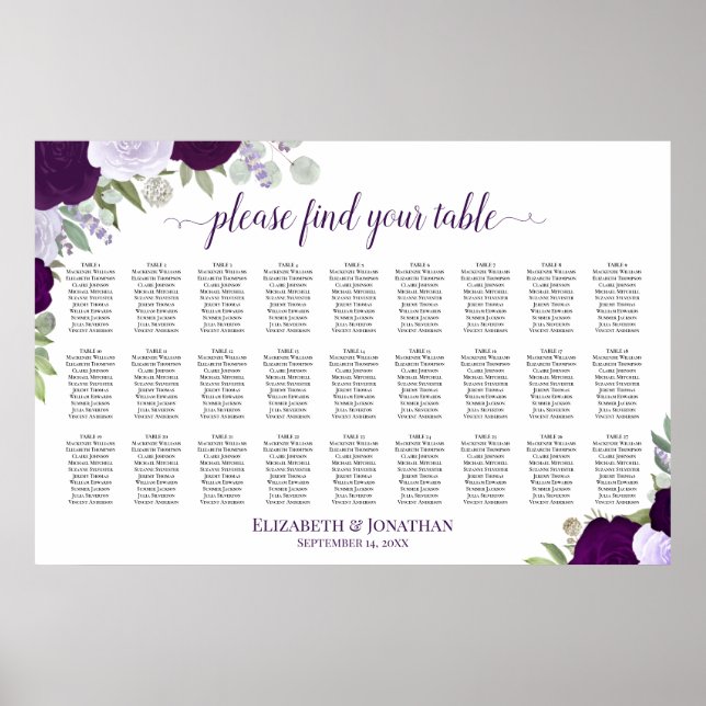 27 Table Purple Roses Chic Wedding Seating Chart (Front)