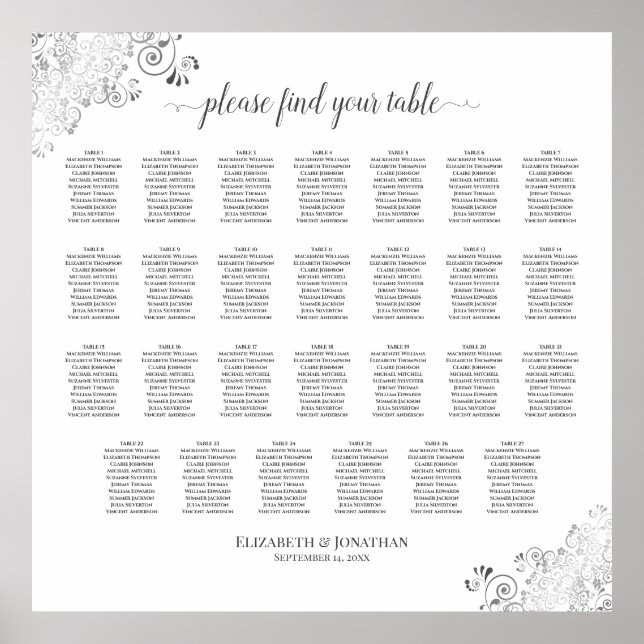 27 Table Silver Frills Wedding Seating Chart White (Front)
