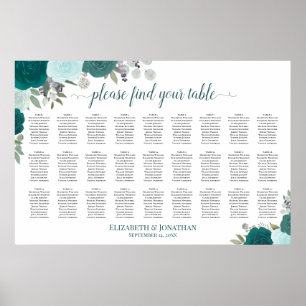 27 Table Teal Roses Elegant Wedding Seating Chart