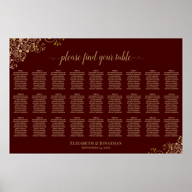 27 Table Wedding Seating Chart Auburn Brown & Gold (Front)