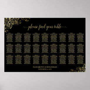 27 Table Wedding Seating Chart Black & Gold Frills