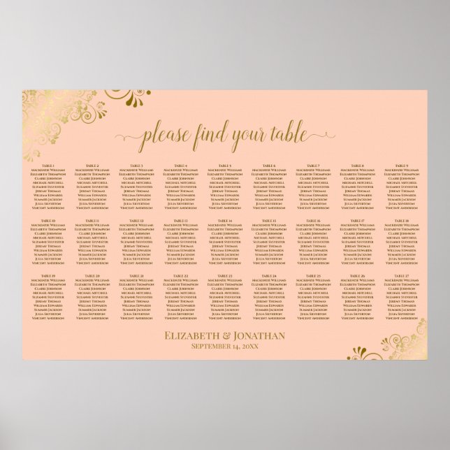 27 Table Wedding Seating Chart Coral Peach & Gold (Front)