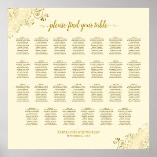 27 Table Wedding Seating Chart Cream & Gold Frills
