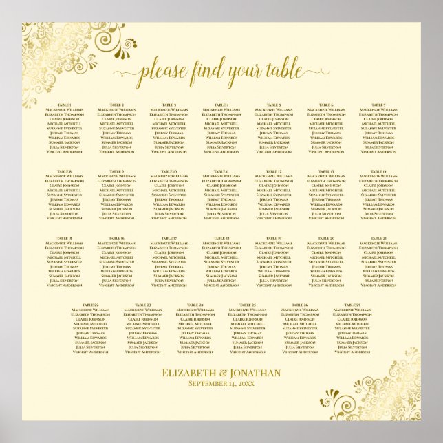 27 Table Wedding Seating Chart Cream & Gold Frills (Front)