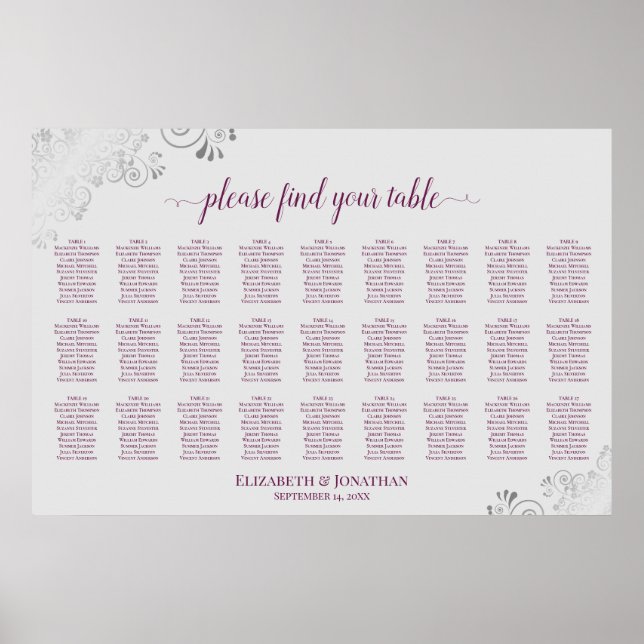 27 Table Wedding Seating Chart Magenta Plum & Grey (Front)