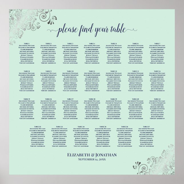 27 Table Wedding Seating Chart Mint Green & Navy (Front)