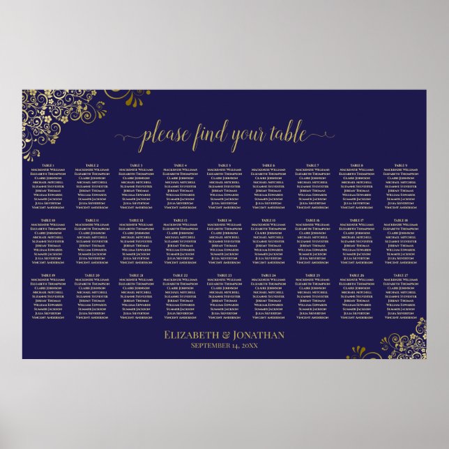 27 Table Wedding Seating Chart Navy Blue & Gold (Front)