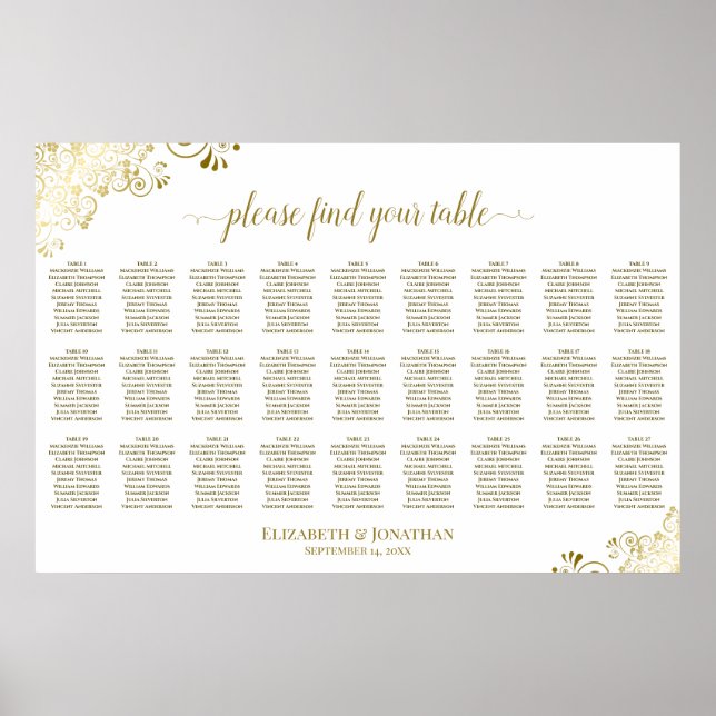 27 Table Wedding Seating Chart Ornate Gold & White (Front)