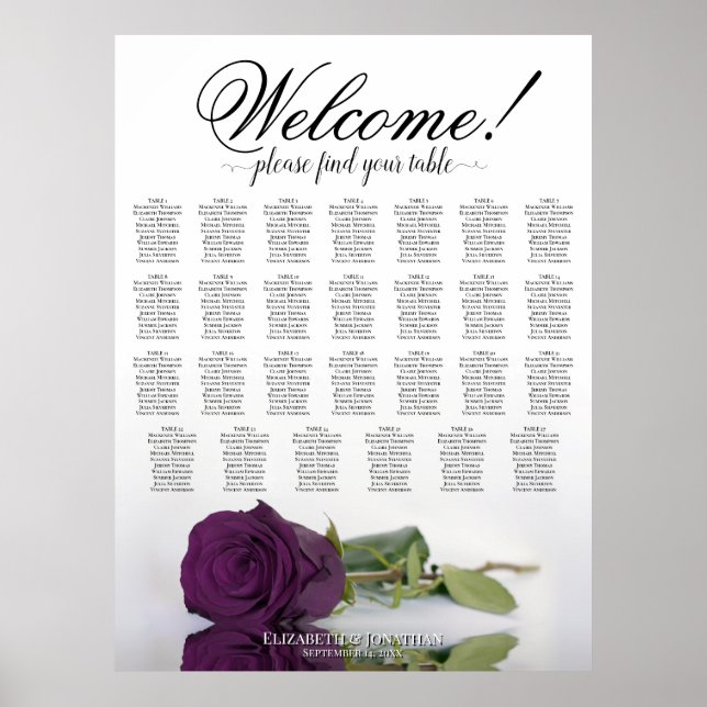 27 Table Wedding Seating Chart Plum Purple Rose (Front)