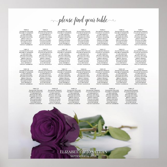 27 Table Wedding Seating Chart Plum Purple Rose (Front)