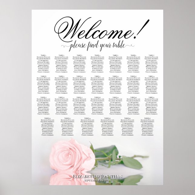 27 Table Wedding Seating Chart Romantic Pink Rose (Front)