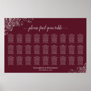 27 Table Wedding Seating Chart Silver on Burgundy