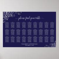 27 Table Wedding Seating Chart Silver on Navy Blue