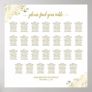 27 Table Wedding Seating Chart White & Gold Frills