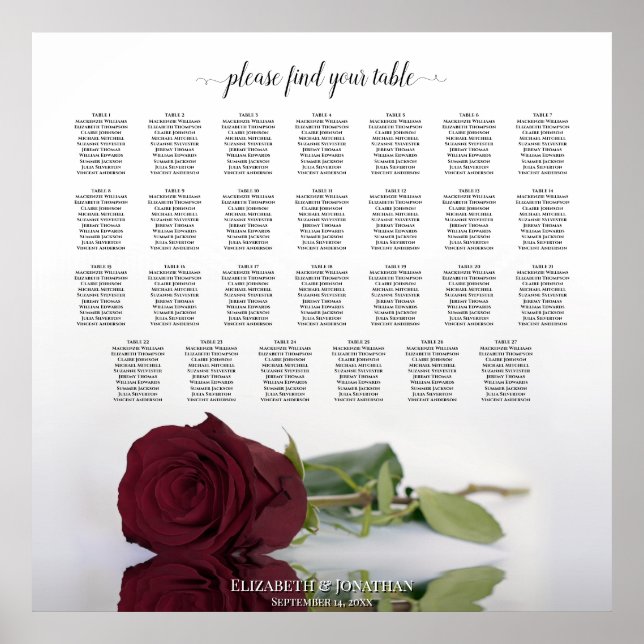 27 Table Wedding Seating Chart with Burgundy Rose (Front)