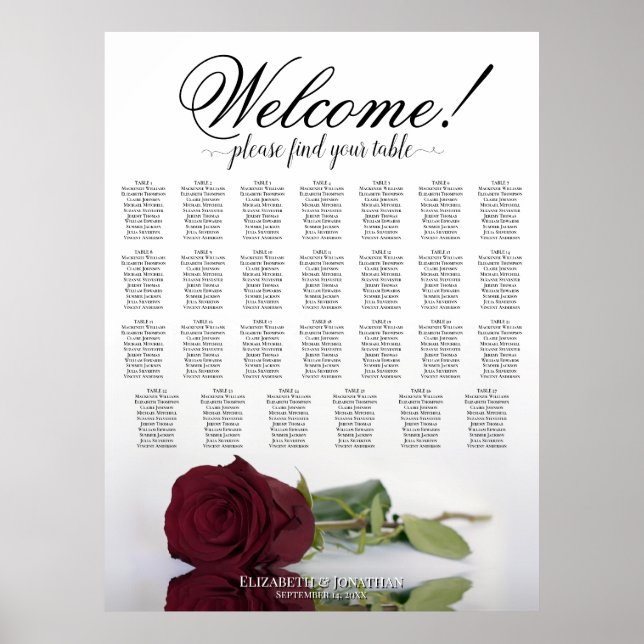 27 Table Wedding Seating Chart with Burgundy Rose (Front)