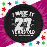 27 Year Old Sarcastic Meme Funny 27th Birthday Paper Plate<br><div class="desc">This funny 27th birthday design makes a great sarcastic humour joke or novelty gag gift for a 27 year old birthday theme or surprise 27th birthday party! Features 'I Made it to 27 Years Old... Nothing Scares Me' funny 27th birthday meme that will get lots of laughs from family, friends,...</div>