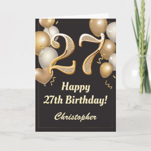 27th Birthday Black and Gold Balloons Confetti Card