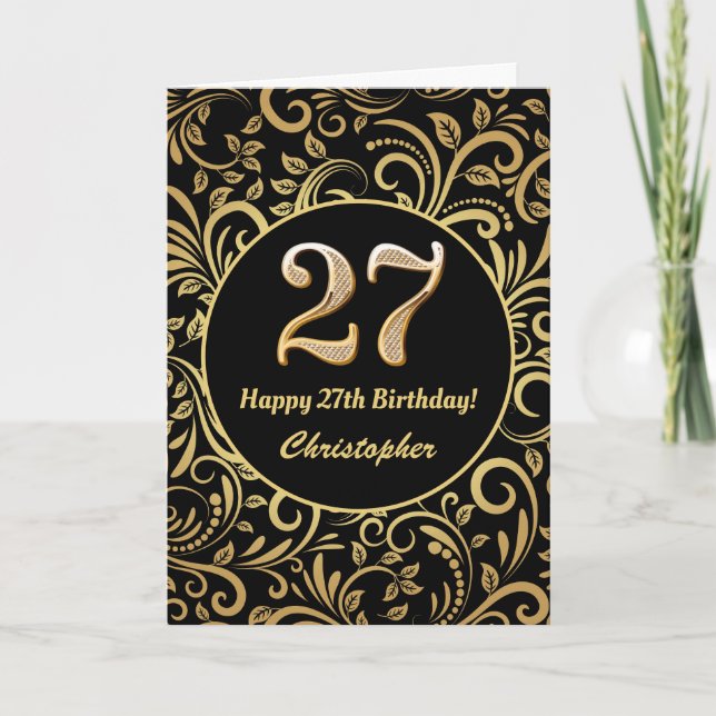 27th Birthday Black and Gold Floral Pattern Card (Front)