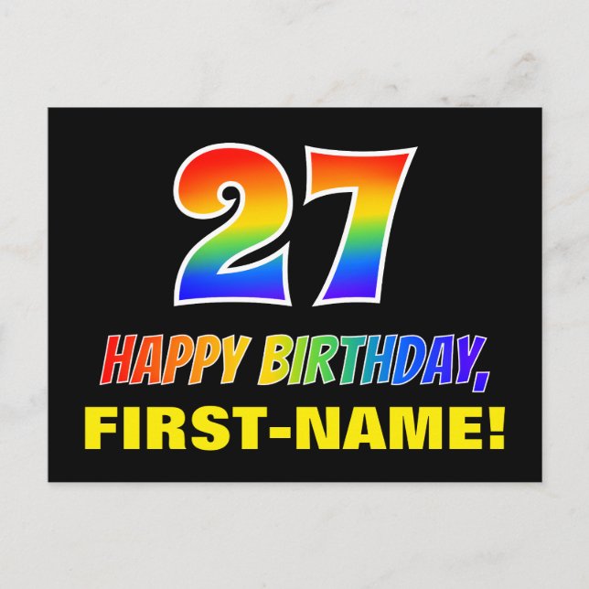 27th Birthday: Bold, Fun, Simple, Rainbow 27 Postcard (Front)