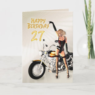 27th Birthday card with a motorbike girl