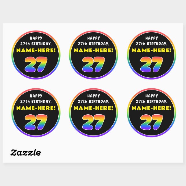 27th Birthday: Colourful Rainbow # 27, Custom Name Classic Round Sticker (Sheet)