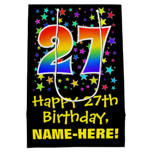27th Birthday: Colourful Stars Pattern & Rainbow 2 Medium Gift Bag