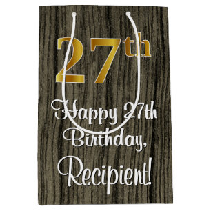 27th Birthday: Elegant Faux Gold Look #, Faux Wood Medium Gift Bag