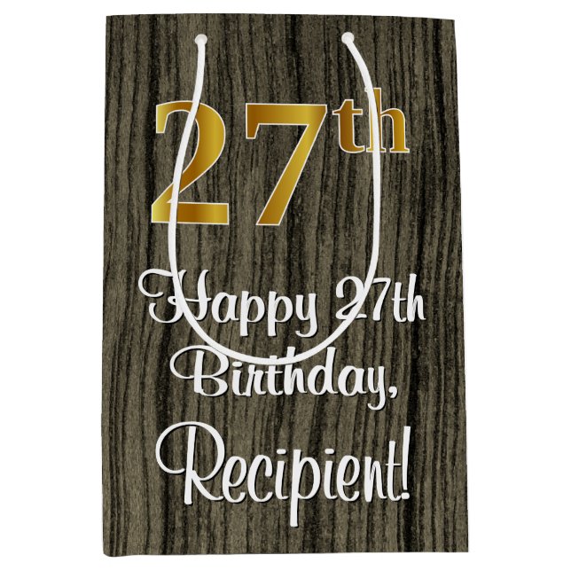 27th Birthday: Elegant Faux Gold Look #, Faux Wood Medium Gift Bag (Front)