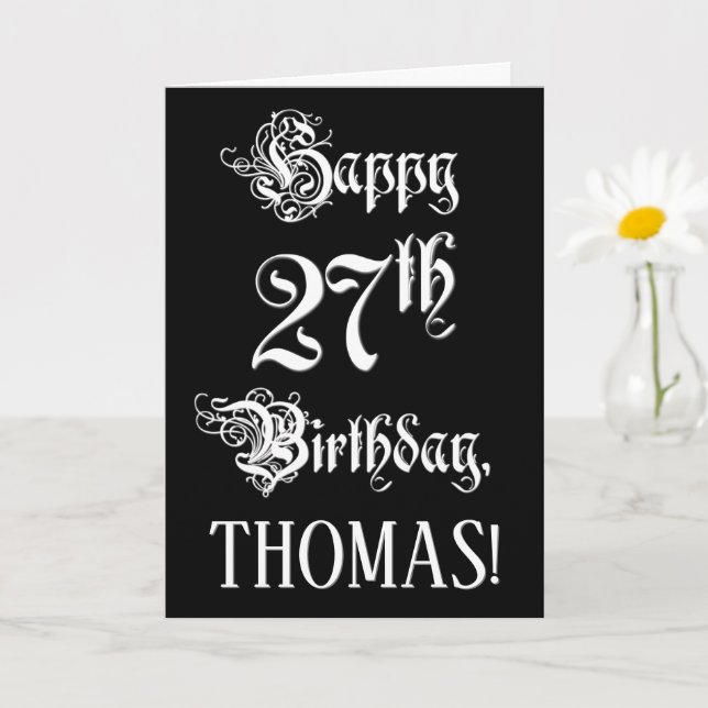 27th Birthday: Fancy, Elegant Script + Custom Name Card (Small Plant)