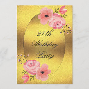 27th Birthday Faux Gold Foil Watercolor Flowers Invitation
