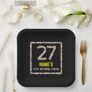 27th Birthday: Floral Flowers Number, Custom Name Paper Plate