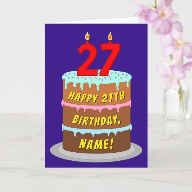 27th Birthday: Fun Cake and Candles + Custom Name Card (Orchid)