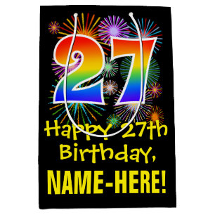 27th Birthday: Fun Fireworks Pattern + Rainbow 27 Medium Gift Bag