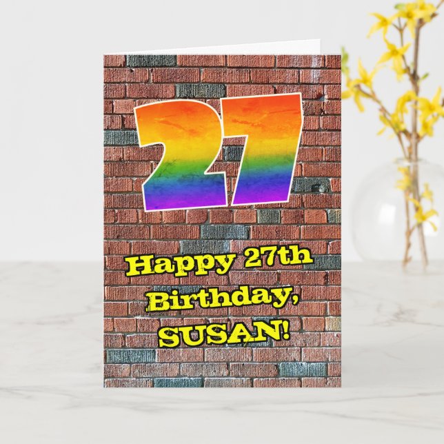 27th Birthday: Fun Graffiti-Inspired Rainbow 27 Card (Yellow Flower)