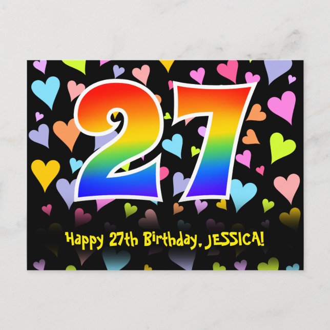 27th Birthday: Fun Hearts Pattern, Rainbow 27 Postcard (Front)