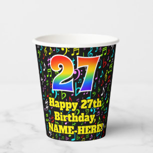 27th Birthday: Fun Music Notes Pattern, Rainbow 27 Paper Cups