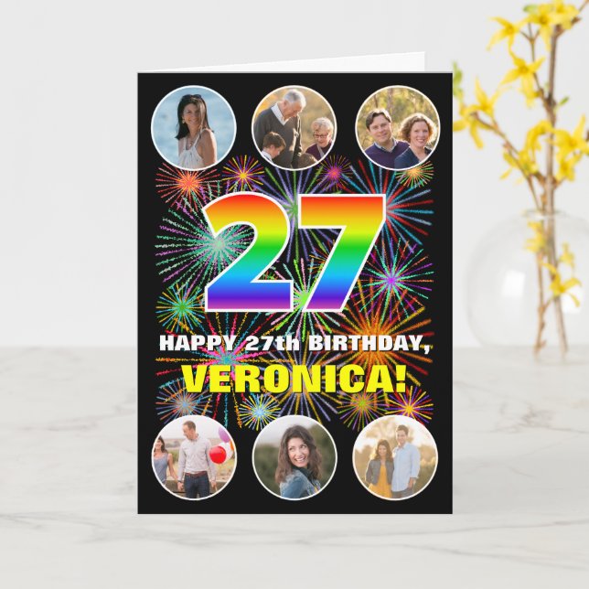 27th Birthday: Fun Rainbow #, Custom Name & Photos Card (Yellow Flower)
