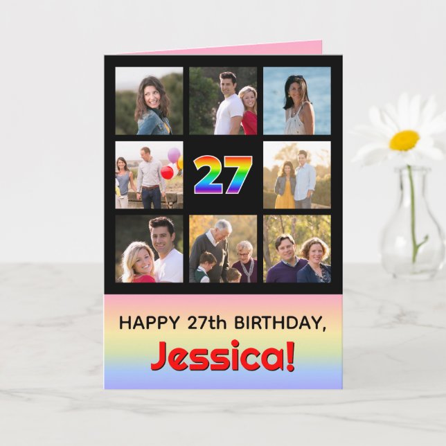 27th Birthday: Fun Rainbow #, Custom Photos + Name Card (Small Plant)