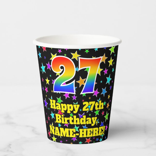 27th Birthday: Fun Stars Pattern and Rainbow 27 Paper Cups (Front)