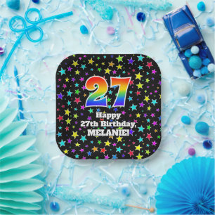 27th Birthday: Fun Stars Pattern and Rainbow “27” Paper Plate