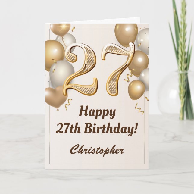 27th Birthday Gold Balloons and Confetti Birthday Card (Front)
