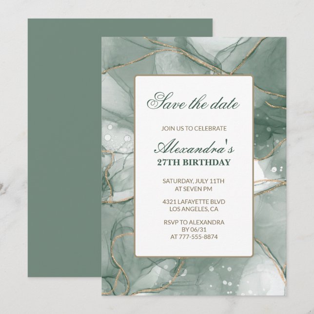 27th birthday invitations Save the date Green (Front/Back)