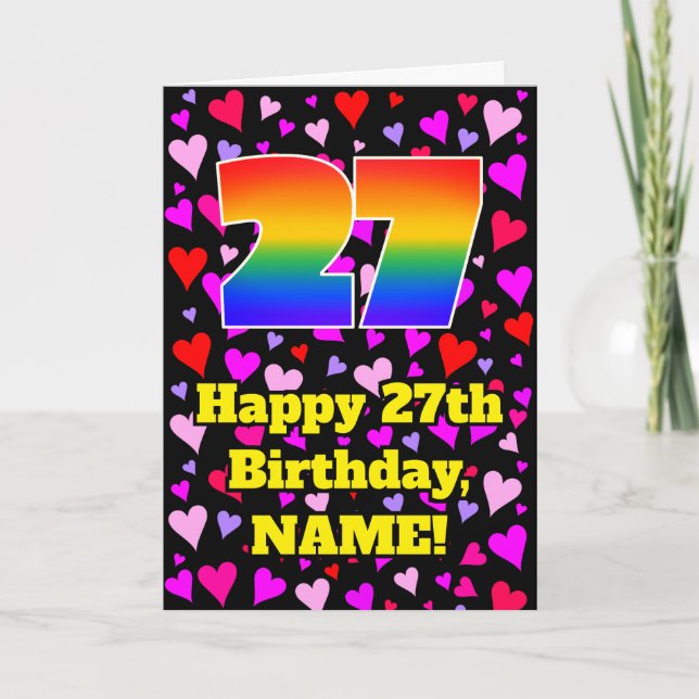 27th Birthday: Loving Hearts Pattern, Rainbow # 27 Card (Front)