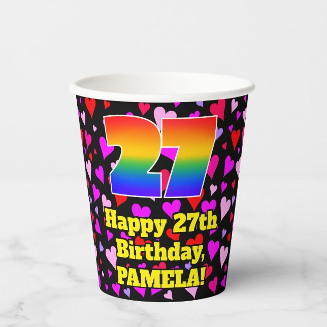 27th Birthday: Loving Hearts Pattern, Rainbow 27 Paper Cups (Front)