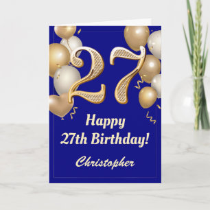 27th Birthday Navy Blue and Gold Balloons Confetti Card