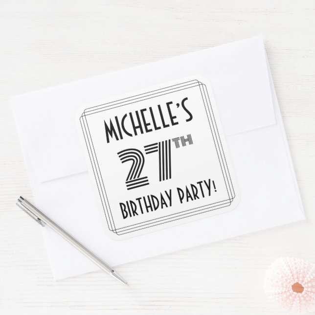 27th Birthday Party: Art Deco Style + Custom Name Square Sticker (Envelope)
